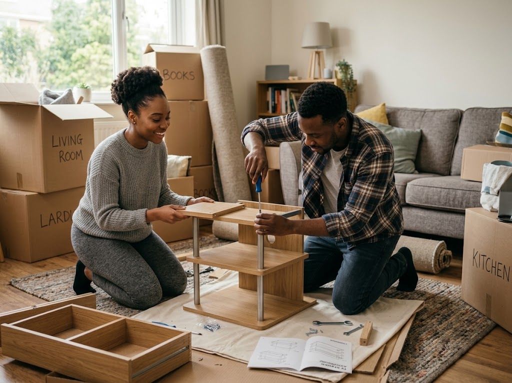 Two people assembling furniture together