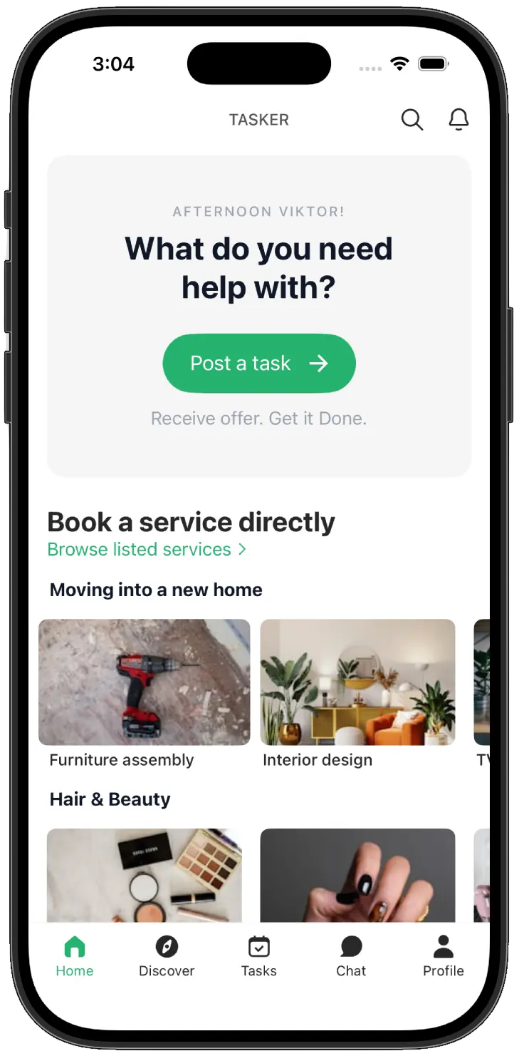 Zamtasker mobile app interface for posting tasks and hiring local help in Zambia